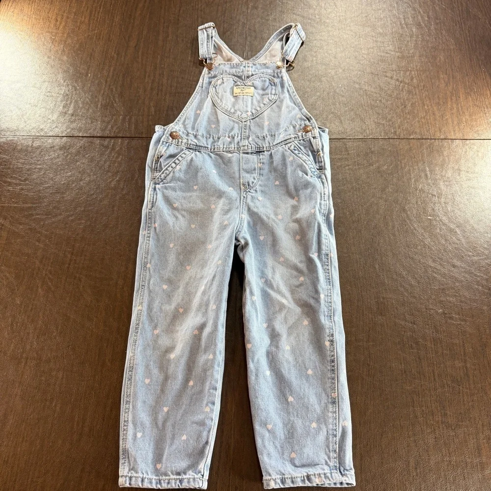 OshKosh B'Gosh Vestbak Girl's Light Blue Denim Overalls Heart Pattern Sz 4T